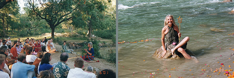 Gauche: 2001, Inde, Tiruvannamalai, Ganga Mira et la sangha; Droit: 2003, Inde, Rishikesh, Ganga Mira dans le Gange